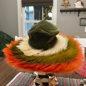 Styled by Jack McConnell feather orange, white, and green hat vintage unique